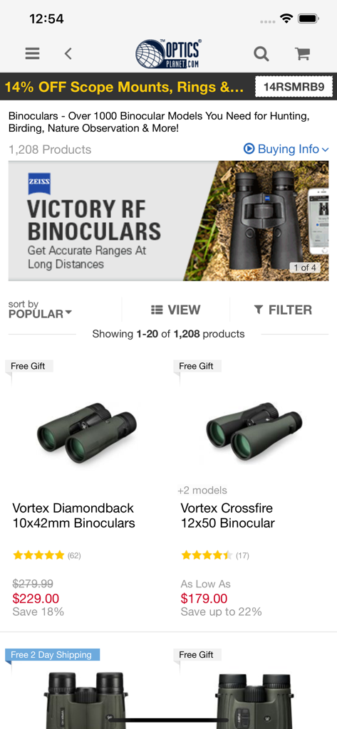OpticsPlanet.com - OpticsPlanet app screen displaying binocular products and discounts