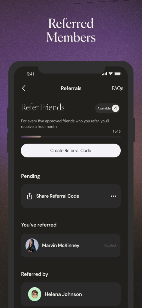 Beyond: Modern Dating App - Beyond dating app referral screen showing referred members and rewards for referring friends
