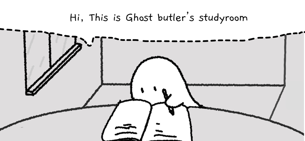 Study Time With Rain: Pomodoro - A cute ghost character studying at a desk in a simple study room