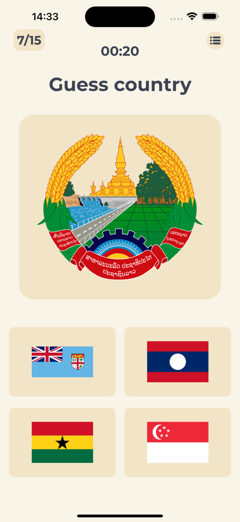 Guess the Flags - of the World - Uma tela de quiz de geografia mostrando um brasão e quatro opções de bandeira para identificar o país