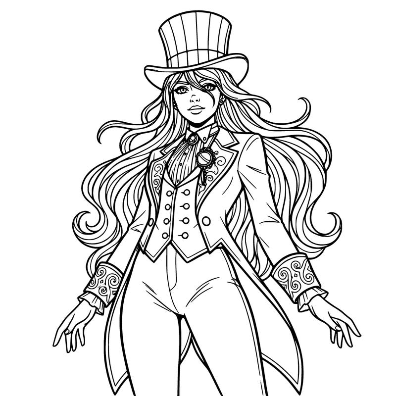 a girl with a top hat and long hair wearing a ringmaster outfit