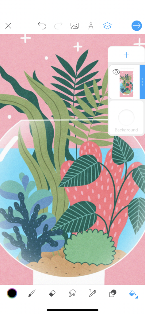 Dibujo digital de un terrario de plantas en la interfaz de la aplicación Picsart Color