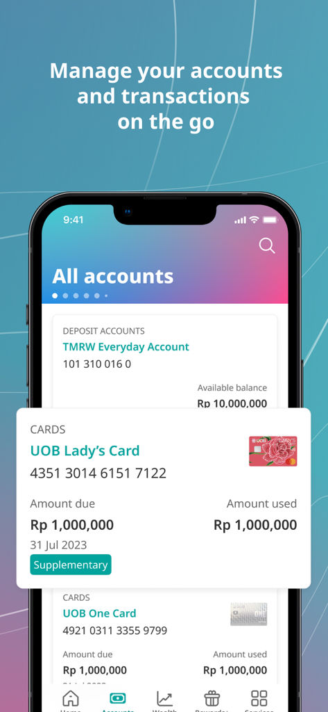 UOB TMRW Indonesia - UOB TMRW mobile app interface showing various bank accounts and credit cards
