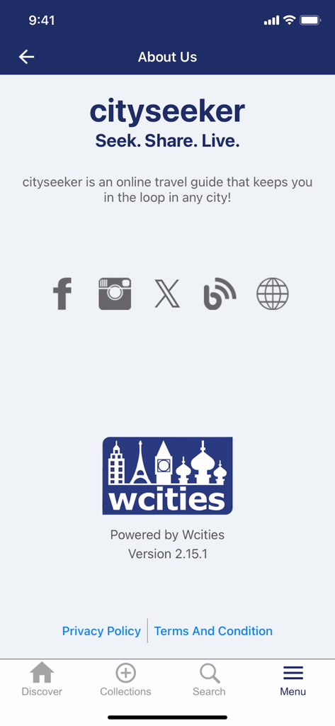 The About Us screen of the cityseeker app displaying the logo social media links and developer information for Wcities