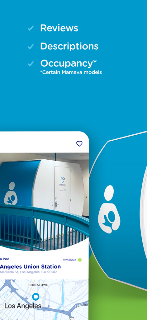 Mamava app screen showing a lactation pod location at Angeles Union Station with availability and a map.