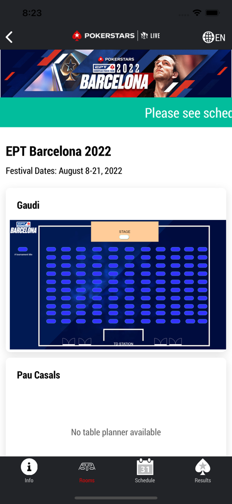 PokerStars Live - Screenshot der PokerStars Live-App, die den Tischplan und den Grundriss des Gaudi-Raums bei der EPT Barcelona 2022 zeigt