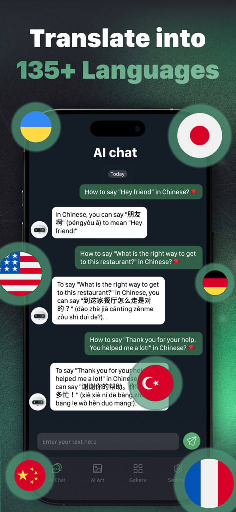 Interfaz móvil de AI Chat 4.0 traduciendo texto de inglés a chino con varios iconos de banderas nacionales