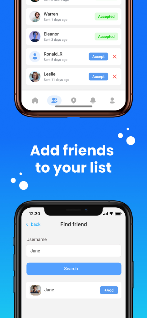 NaviMax - Location sharing - Interface of NaviMax app showing how to search for and add friends to the location sharing list