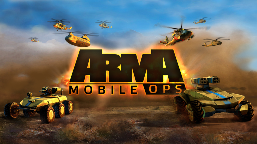 Arma Mobile Ops - Arma Mobile Ops promotional artwork featuring military tanks and helicopters in a desert combat setting