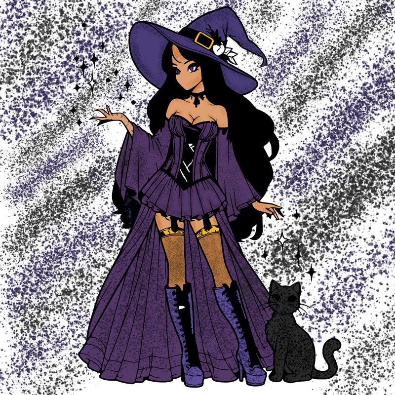 tall realistic woman with long hair, witch hat, a corset with sleeves, a skirt, boots, magic sparkles in her hands, and a cat next to her