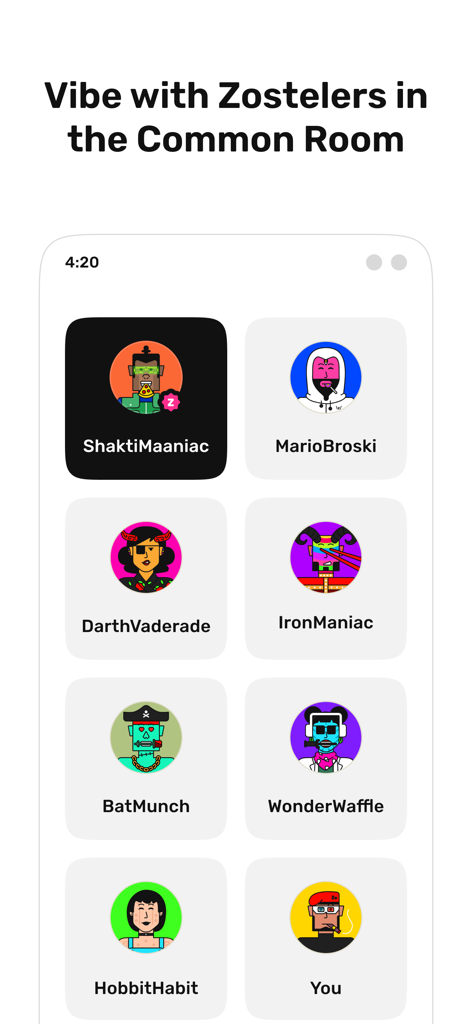 Interface of the Zostel app showing user avatars and usernames in a digital common room for social interaction.