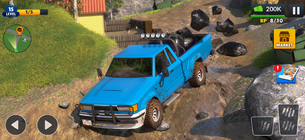 4x4 Offroad Truck Driving Game - Blue pickup truck collecting trash bags on a dirt path in a 4x4 offroad simulator