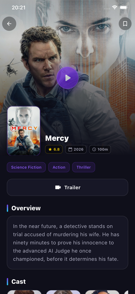 Pantalla de detalles de la película Mercy en la aplicación NunFlix que muestra sinopsis, calificaciones y etiquetas de género.