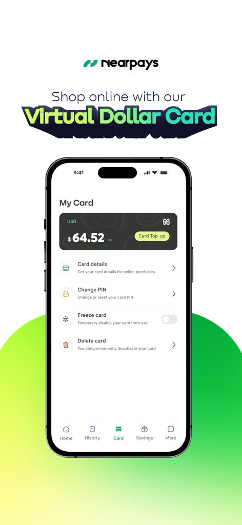 NearPays - NearPays app screen displaying the Virtual Dollar Card management interface with a USD balance for online shopping.
