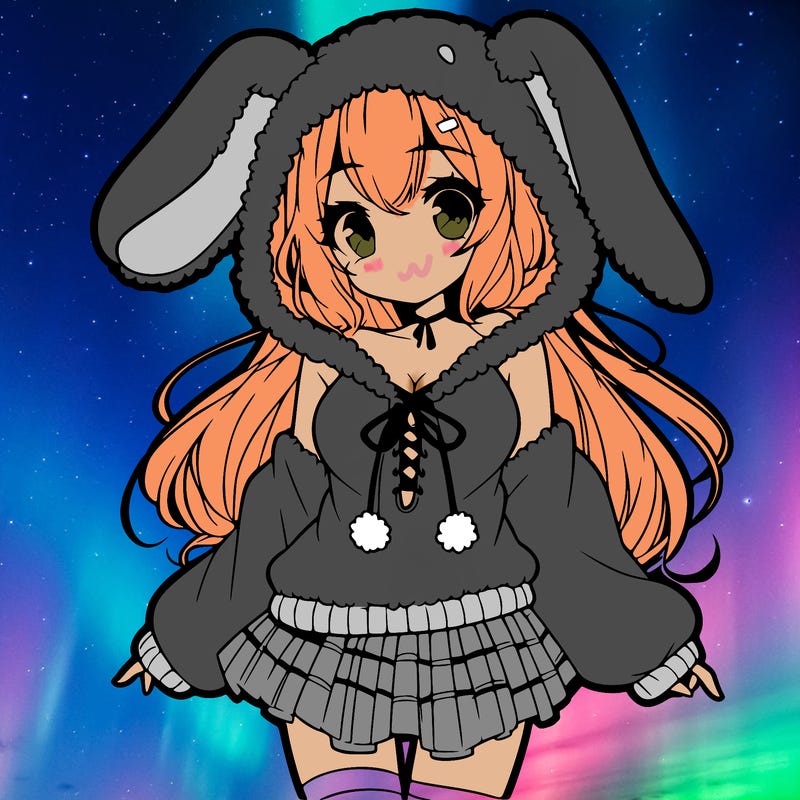 pretty anime girl wearing a fluffy hoodie with bunny ears on the hood and a skirt