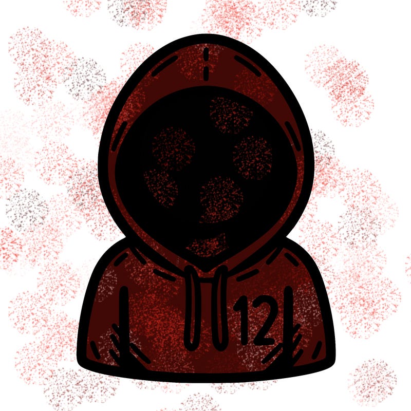 a person with non face waering a hoodie with a small 132 symbol