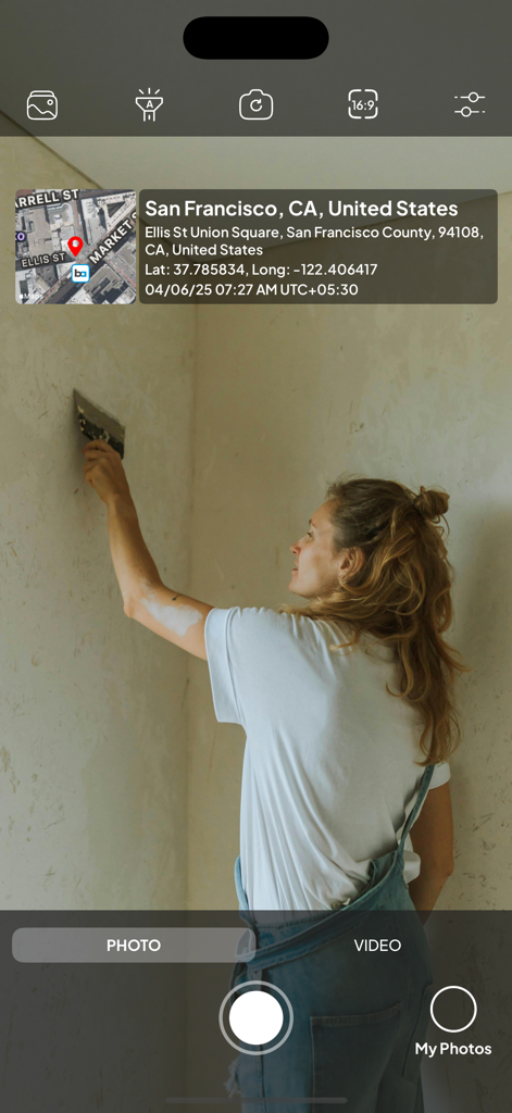 GPS Map Camera, Timestamp - GPS Map Camera interface showing a construction worker with a location and time stamp overlay for proof of work.