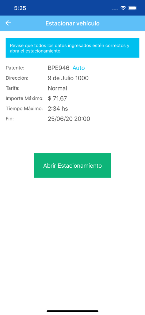 Écran de confirmation pour démarrer une session de stationnement dans l'application Movil-TR montrant les détails du véhicule et la durée