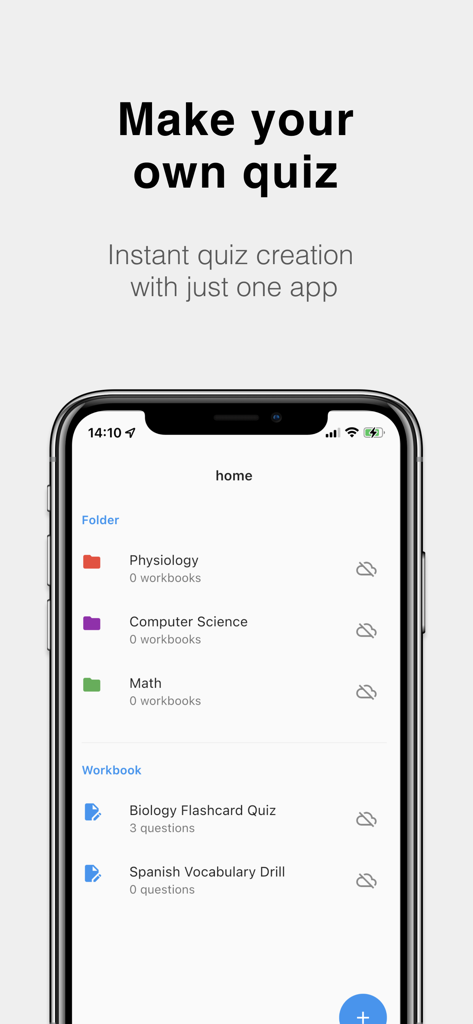 Home screen of the TestMaker app showing study folders for Physiology Computer Science and Math