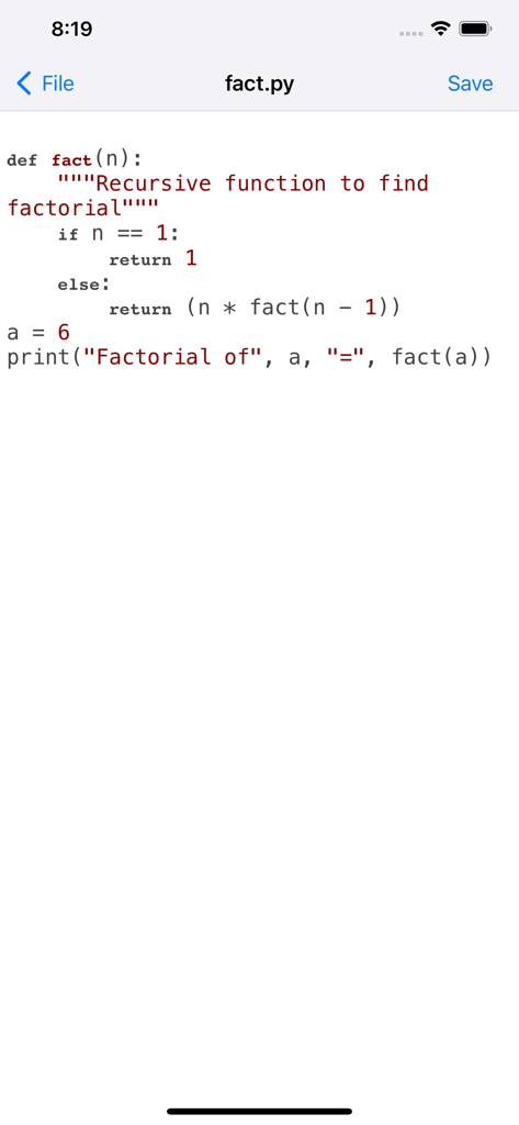 iFile 2 - Interface of the iFile 2 app showing a Python script for a factorial function