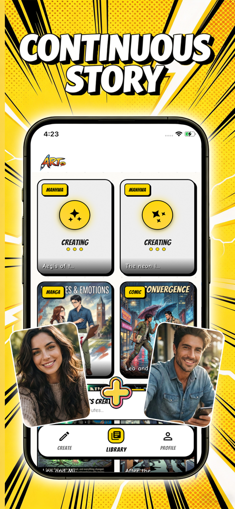 ARTAI: AI Comic & Manga Maker - ARTAIアプリのインターフェース。AI生成コミックのライブラリと継続的なストーリー機能を表示しています。