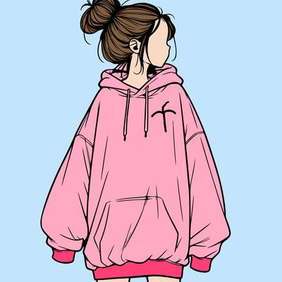 realistic girl with a oversized sweatshirt on and a bun