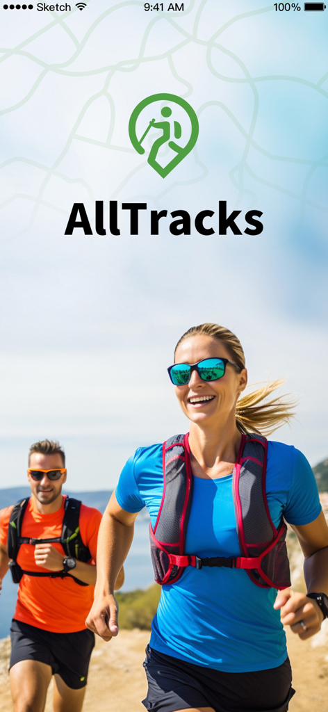 AllTracks - AllTracks app logo with a man and woman trail running on a sunny outdoor path