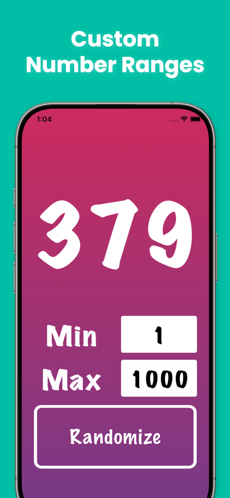 Random Number Generator – RNG - La interfaz de la aplicación generadora de números aleatorios muestra la configuración del rango mínimo y máximo personalizado con un número generado