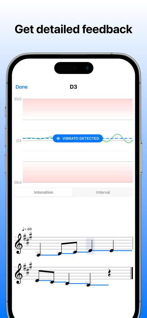 Ella: Sight Singing & Reading - Gráfico detallado de retroalimentación de afinación y notación musical en la aplicación de canto a vista Ella