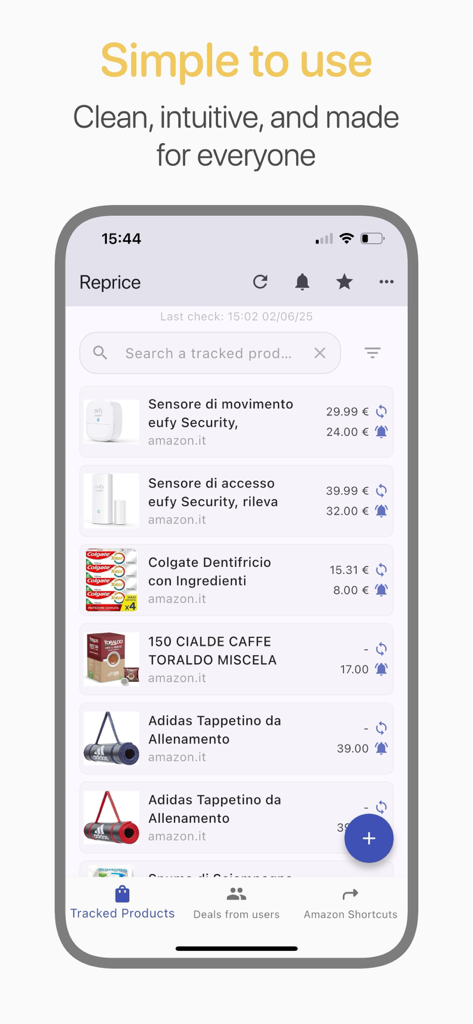 Price Tracker · Reprice - Reprice app interface showing a list of tracked products with current prices and price drop alerts