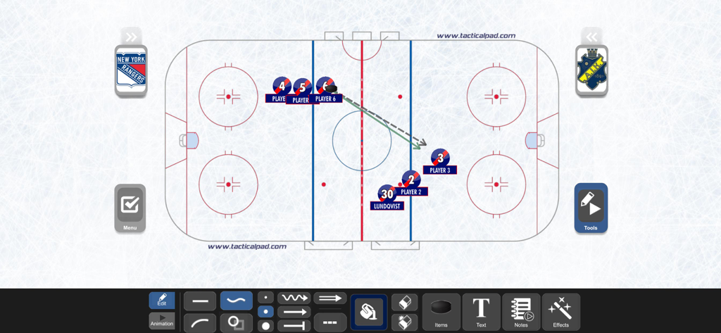TacticalPad Ice Hockey - Ice hockey tactical board interface showing player positioning and play diagrams