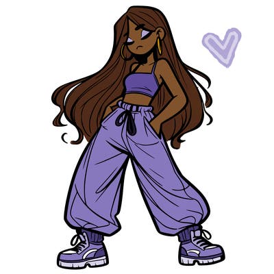 girl in baggy pants crop top and long hair