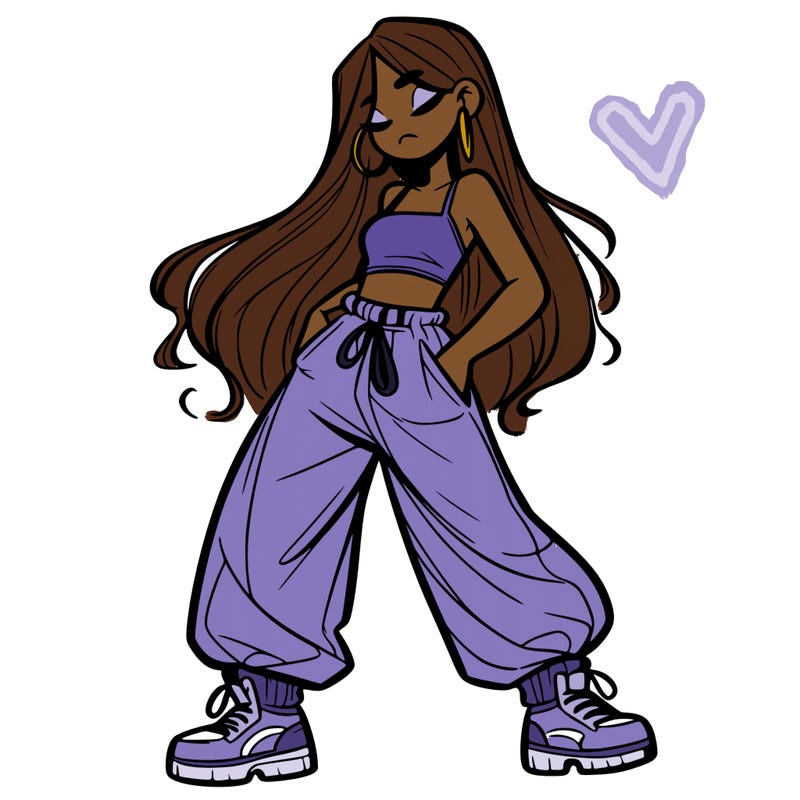 girl in baggy pants crop top and long hair