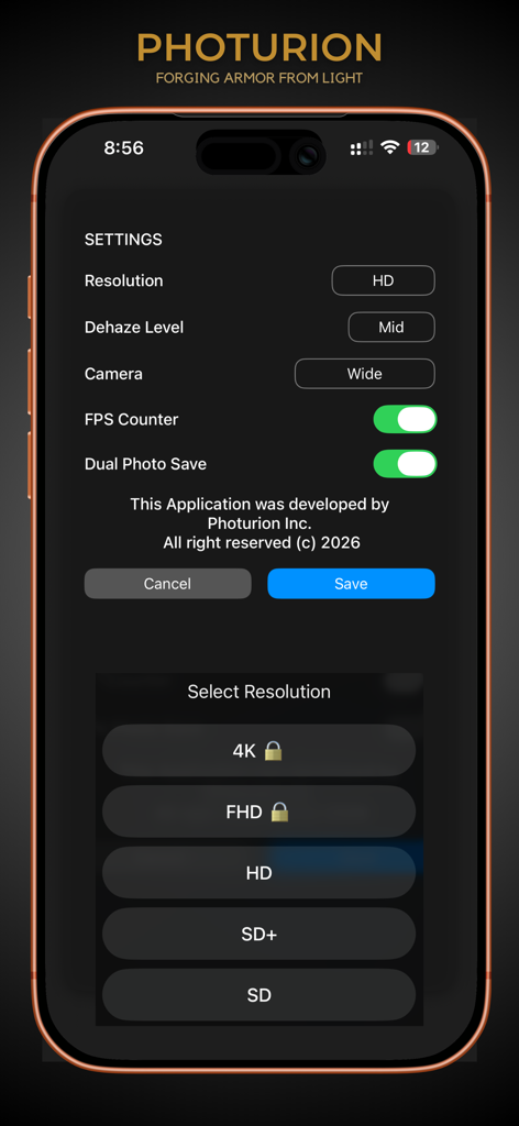 ClearView Basic - ClearView Basic app settings screen showing video resolution and dehaze level options.