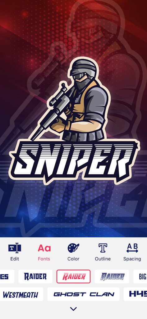 eSport Logo Maker - Make Logos - A mobile interface of the eSport Logo Maker app showing a customizable sniper mascot logo with font and color editing tools.