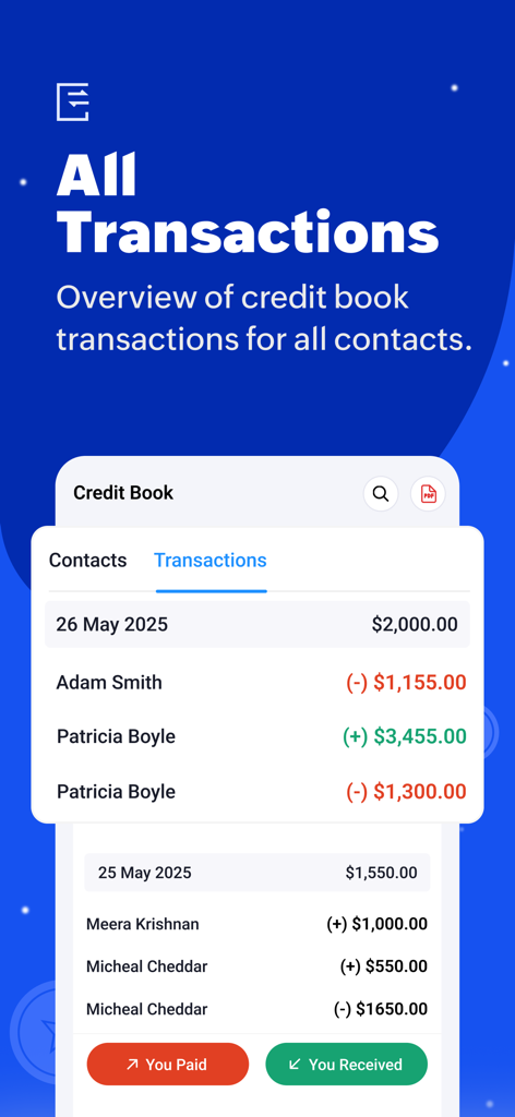 Zoho Daybook - Ledger Book - Captura de tela do aplicativo Zoho Daybook exibindo uma lista de transações do livro de crédito para vários contatos com status pago e recebido
