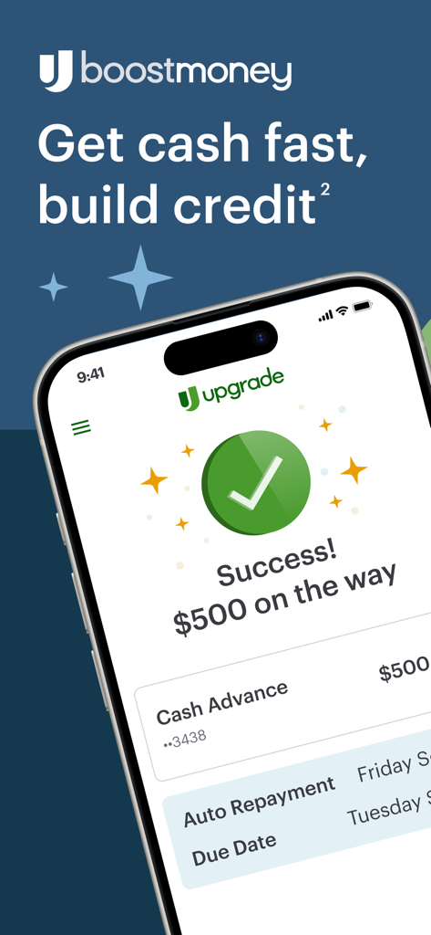 Smartphone screen showing a successful 500 dollar cash advance on the Upgrade mobile banking app.