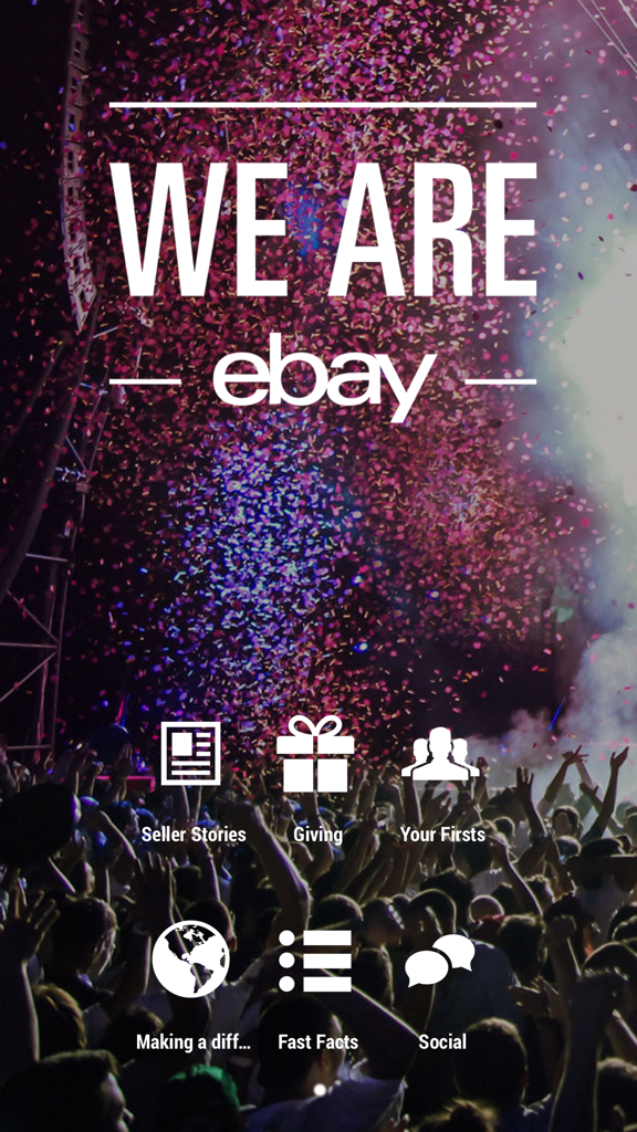 Pantalla de inicio de la aplicación 'Somos eBay' con una multitud celebratoria con confeti e iconos de menú para historias de vendedores y cultura corporativa.