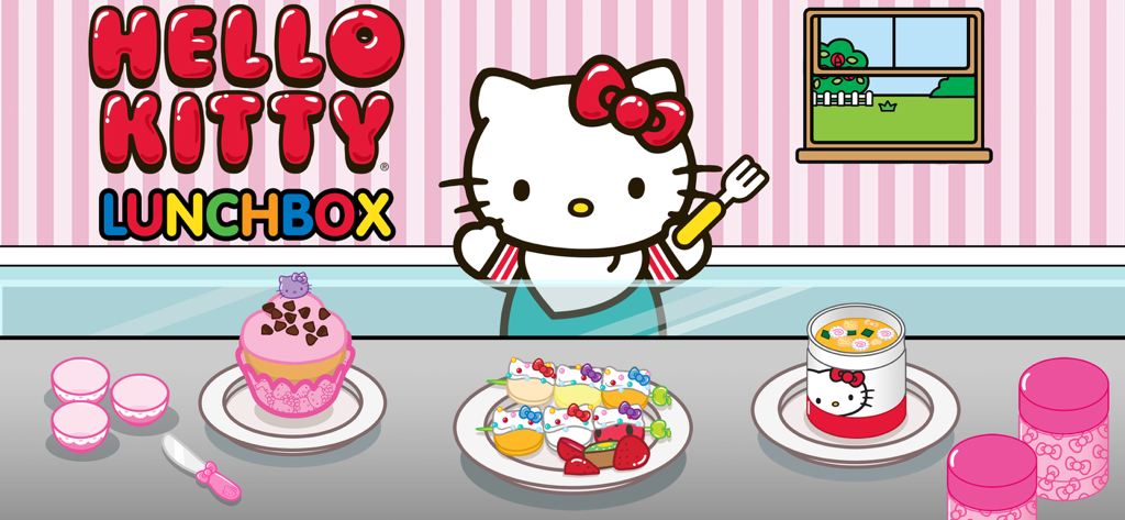 Hello Kitty Lunchbox - Hello Kitty in piedi dietro un bancone con uno spiedino di frutta a forma di cupcake e zuppa in una mensa scolastica.