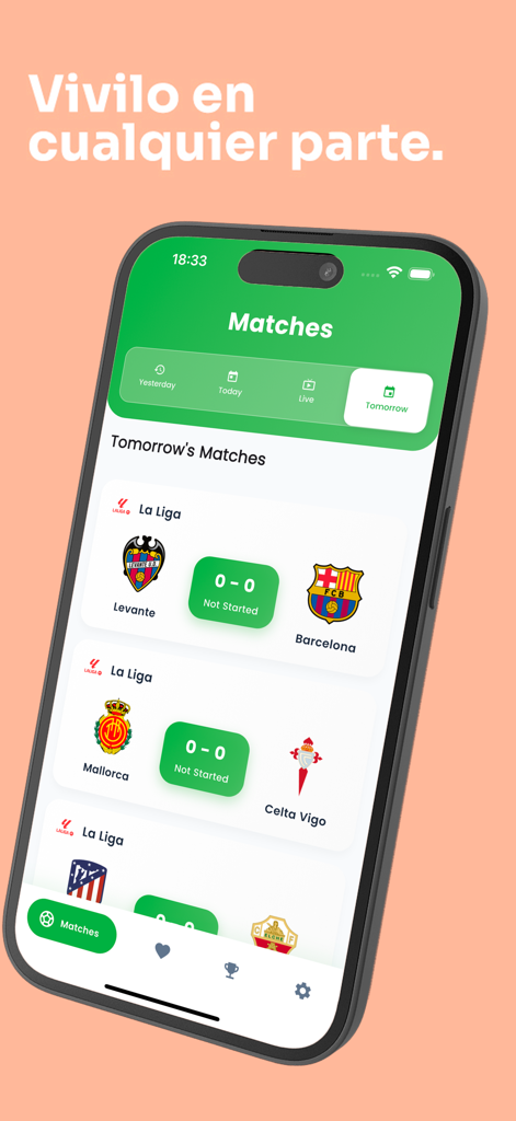 Futbol Locura - Una pantalla de smartphone que muestra próximos partidos de fútbol en la aplicación Futbol Locura.