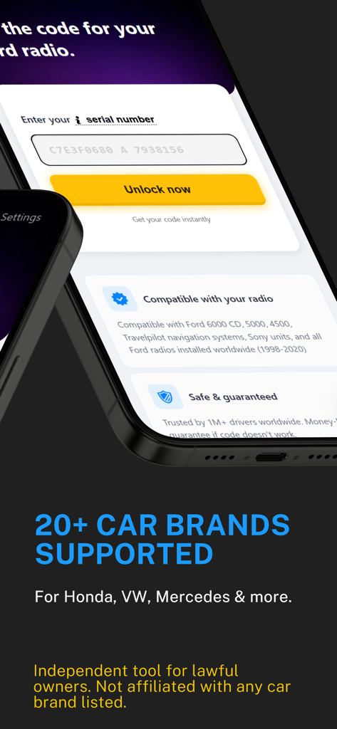 Smartphone screen showing the Radio Code Unlock app interface for entering a car radio serial number