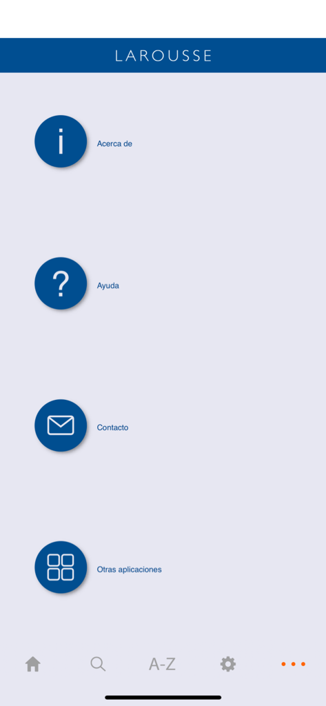 Larousse of Synonyms - The menu screen of the Larousse of Synonyms mobile app featuring options for help contact and information