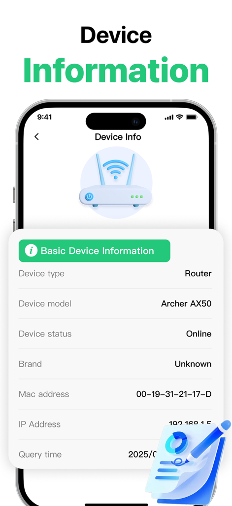 Home Security Camera Scan - Pantalla móvil que muestra información detallada de la red para un enrutador, incluyendo modelo y dirección IP