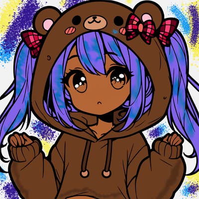 cute anime girl with ponytails and a cute bear hoodie