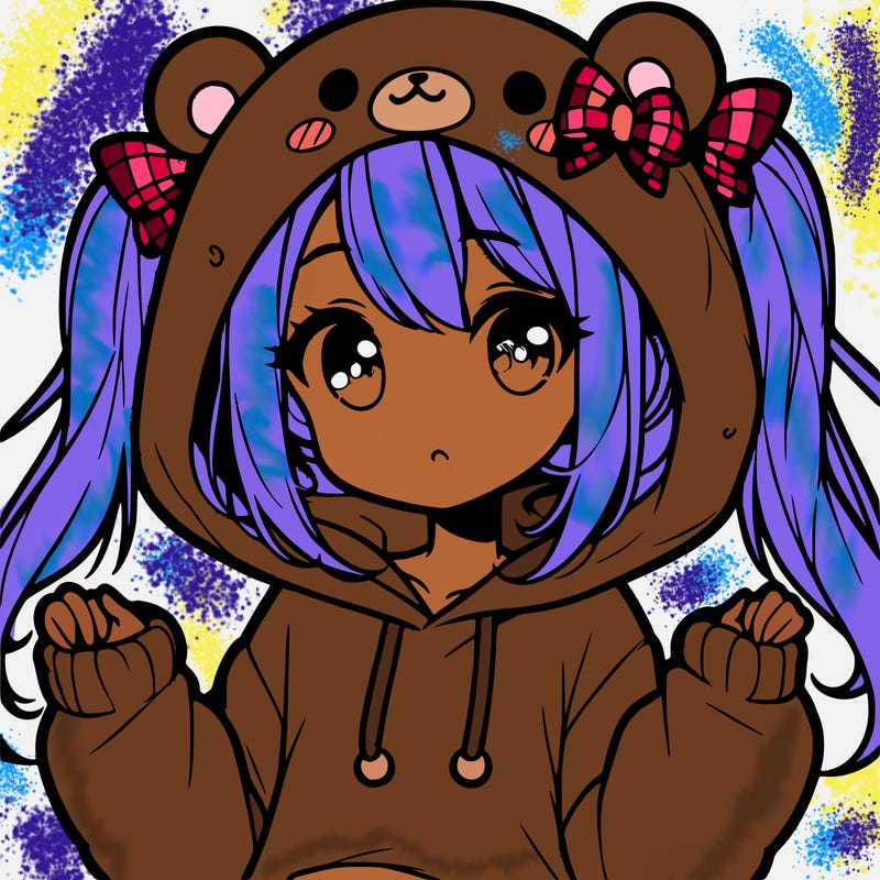cute anime girl with ponytails and a cute bear hoodie