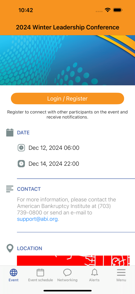 ABI Connect App - ABI Connect App screen showing event details for the 2024 Winter Leadership Conference