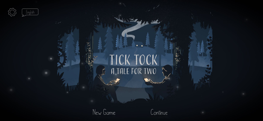 Tick Tock: A Tale for Two - Menu principal de Tick Tock A Tale for Two mostrando duas pessoas jogando em dispositivos móveis em uma floresta mística escura.