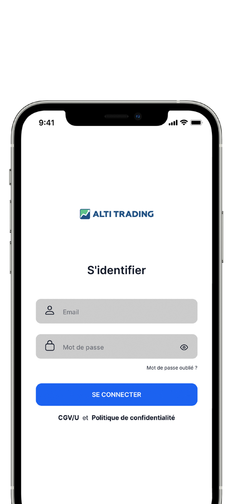 ALTI TRADING - Login screen of the ALTI TRADING app in French featuring email and password fields