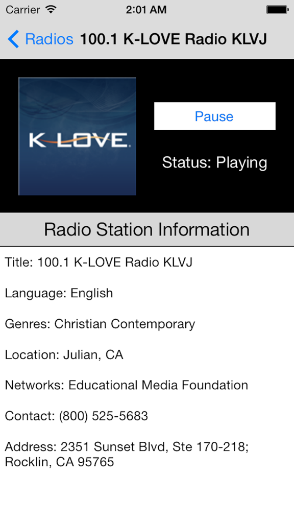 US Radio Live (United States of America USA) - US Radio Live interface showing playback status and information for K-LOVE radio station