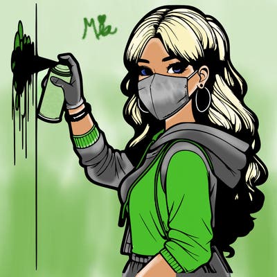realistic girl with mask spray painting a wall